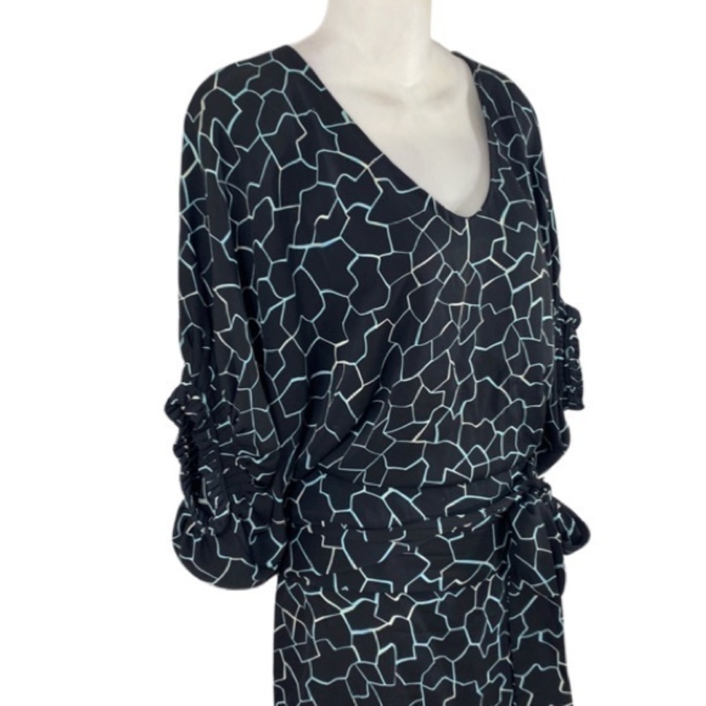 DVF Edna black blue white dolman sleeve blouson silk tie side blouson dress MM10 - Picture 5 of 15